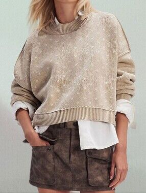 Casual Beige Knit Crewneck Sweater with Mini Dot Pattern - Women SM L XL